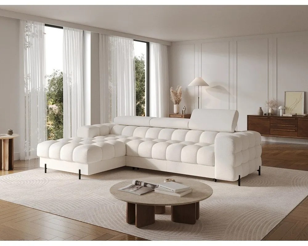 Divano angolare color crema allungabile/con contenitore (con penisola a sinistra/con chaise lounge) con rivestimento in bouclé Felro – ELTAP