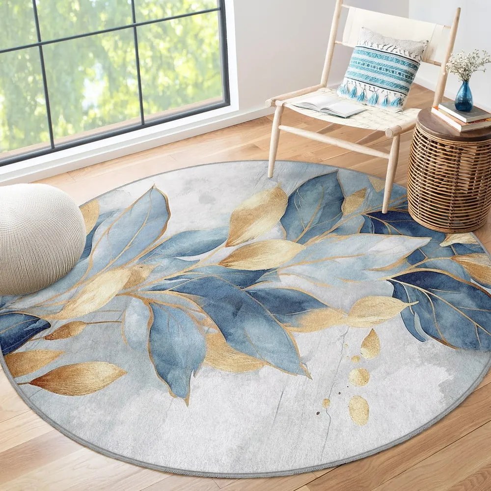 Tappeto rotondo blu/dorato lavabile ø 100 cm Golden Leaves – Mila Home