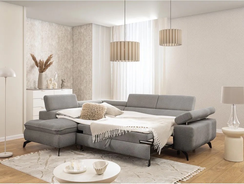 Divano angolare grigio chiaro (con penisola a sinistra/a L) con rivestimento in ciniglia Marbeya – Ropez