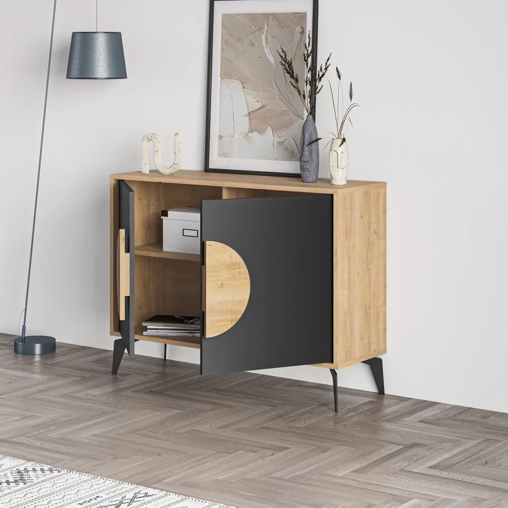 Cassettiera bassa in rovere decorato in nero-naturale 110x82 cm Vae - Marckeric