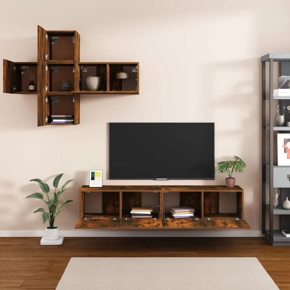 Set di mobili porta tv 7 pz rovere fumo in legno multistrato