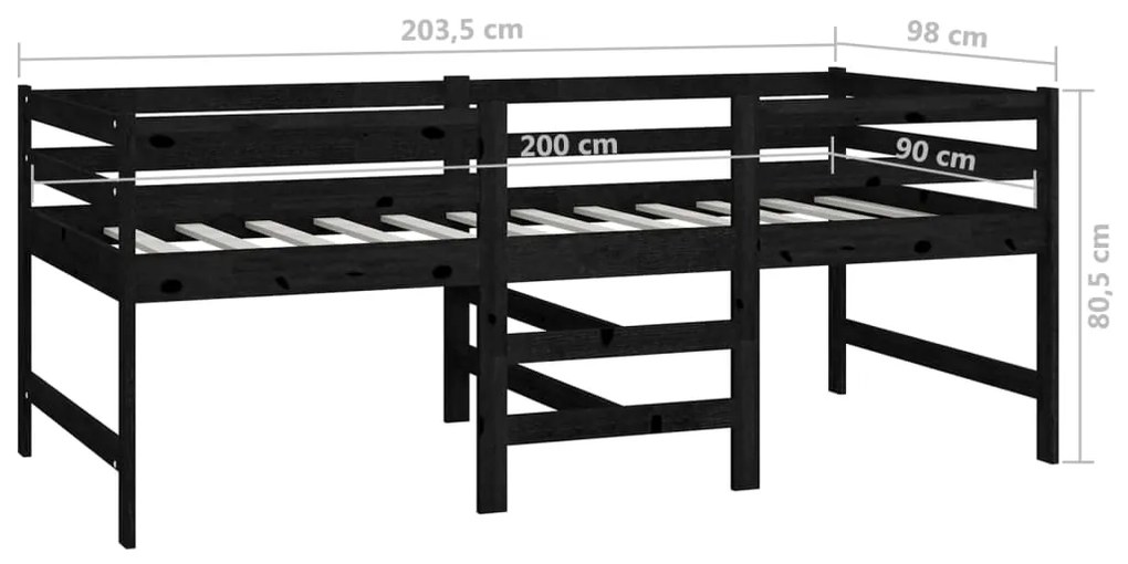 Letto Medio-Alto Nero in Legno Massello di Pino 90x200 cm