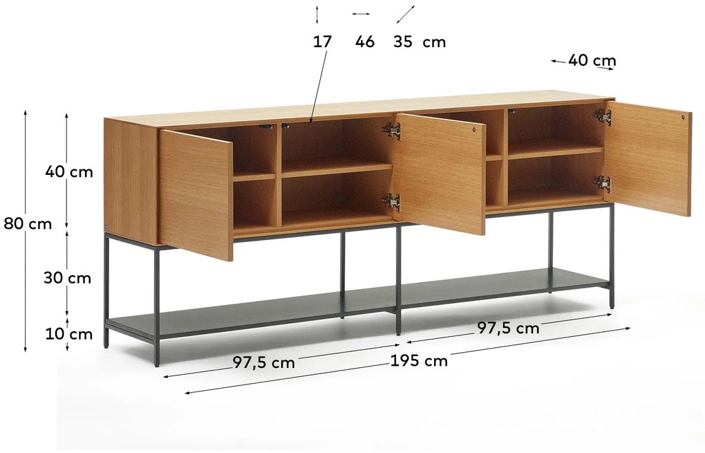 Kave Home - Credenza Vedrana 3 ante impiallacciate rovere e gambe in acciaio nero 195 x 80 cm