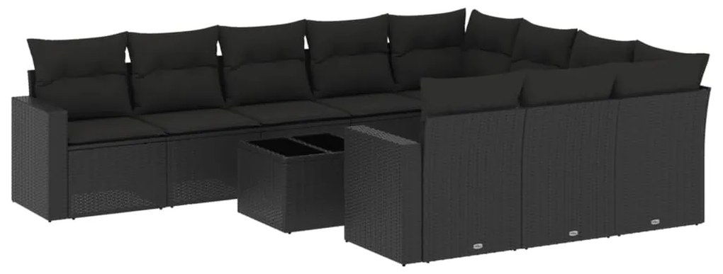 Set divani da giardino 11 pz con cuscini in polyrattan nero