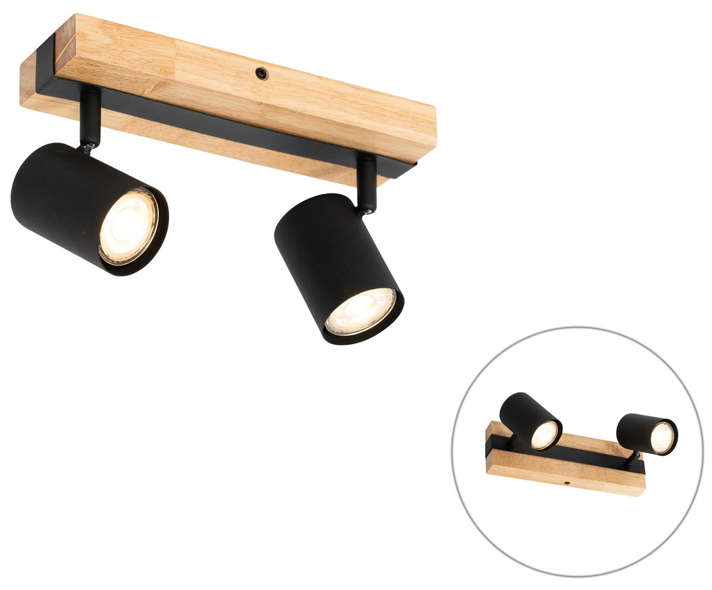 Plafoniera nera con legno 2 luci orientabile rettangolare - Jeana