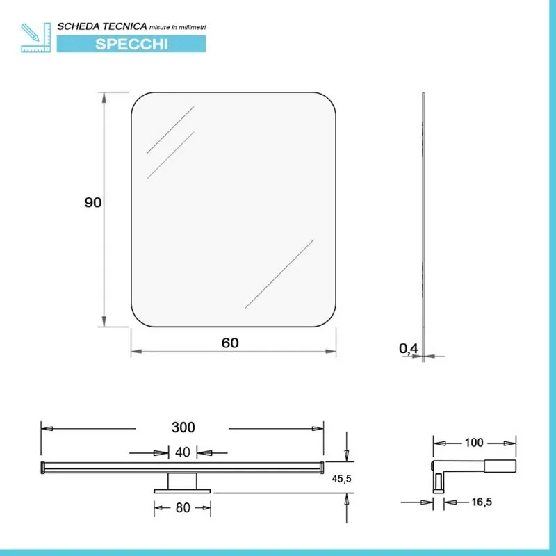 Specchio LED 60x90 cm reversibile con angoli raggiati e luce naturale