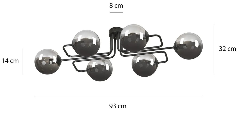 Plafoniera 6 Luci Brandi In Acciaio Nero E Sfere In Vetro Fumè