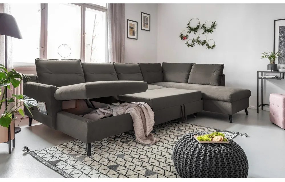 Divano letto a U in velluto grigio scuro, angolo destro Stylish Stan - Miuform
