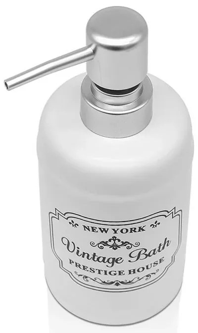 Dispenser sapone in ceramica bianca con stampe a contrasto nere stile vintage