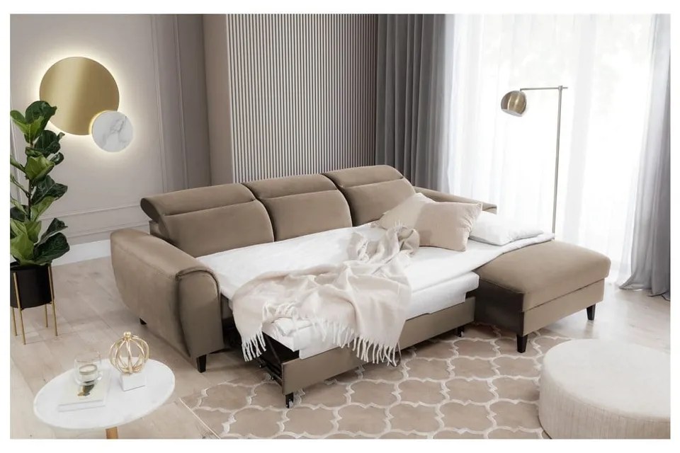 Divano angolare marrone chiaro allungabile/con contenitore (con penisola a destra/con chaise lounge) e rivestimento in velluto Foble – ELTAP