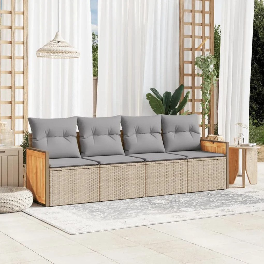 Set Divano da Giardino 4 pz con Cuscini Beige in Polyrattan