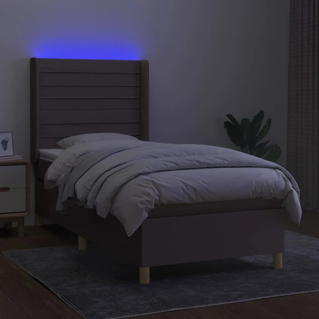 Letto a molle con materasso e led tortora 90x200 cm in tessuto