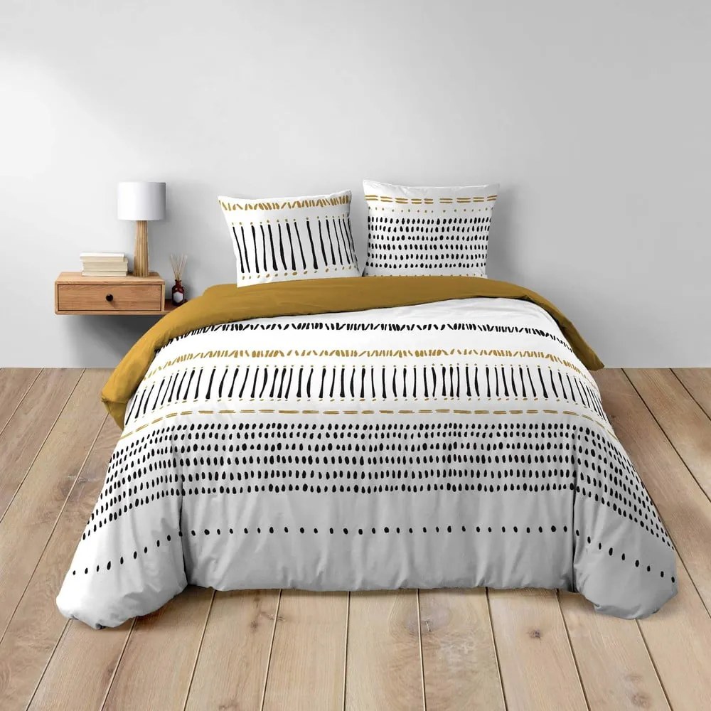 Set copripiumino e federa color senape/bianco in cotone per letto matrimoniale ed esteso 240x220 cm Chicago – douceur d'intérieur