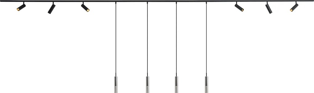 Sistema di illuminazione a binario moderno nero con 6 faretti e 4 luci a sospensione monofase - Slimline Uzzy Loyce