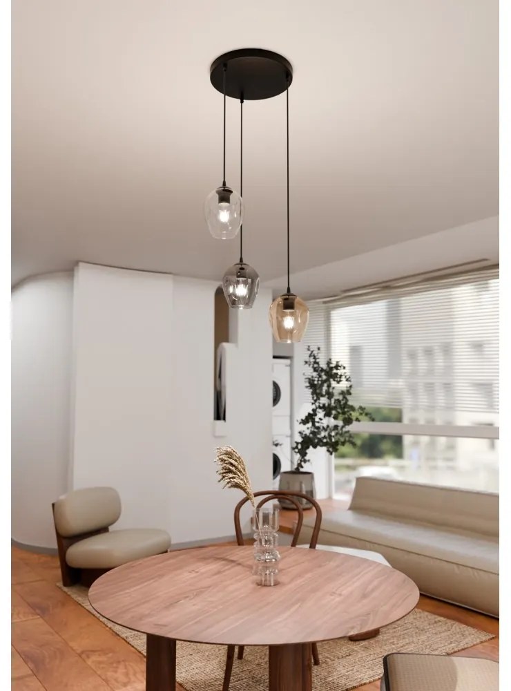 Lampadario a Sospensione in Acciaio e Vetro ISTAR 3 BL PREMIUM 3xE27 Colore delle Sfere Grafite, Trasparente, Ambrata