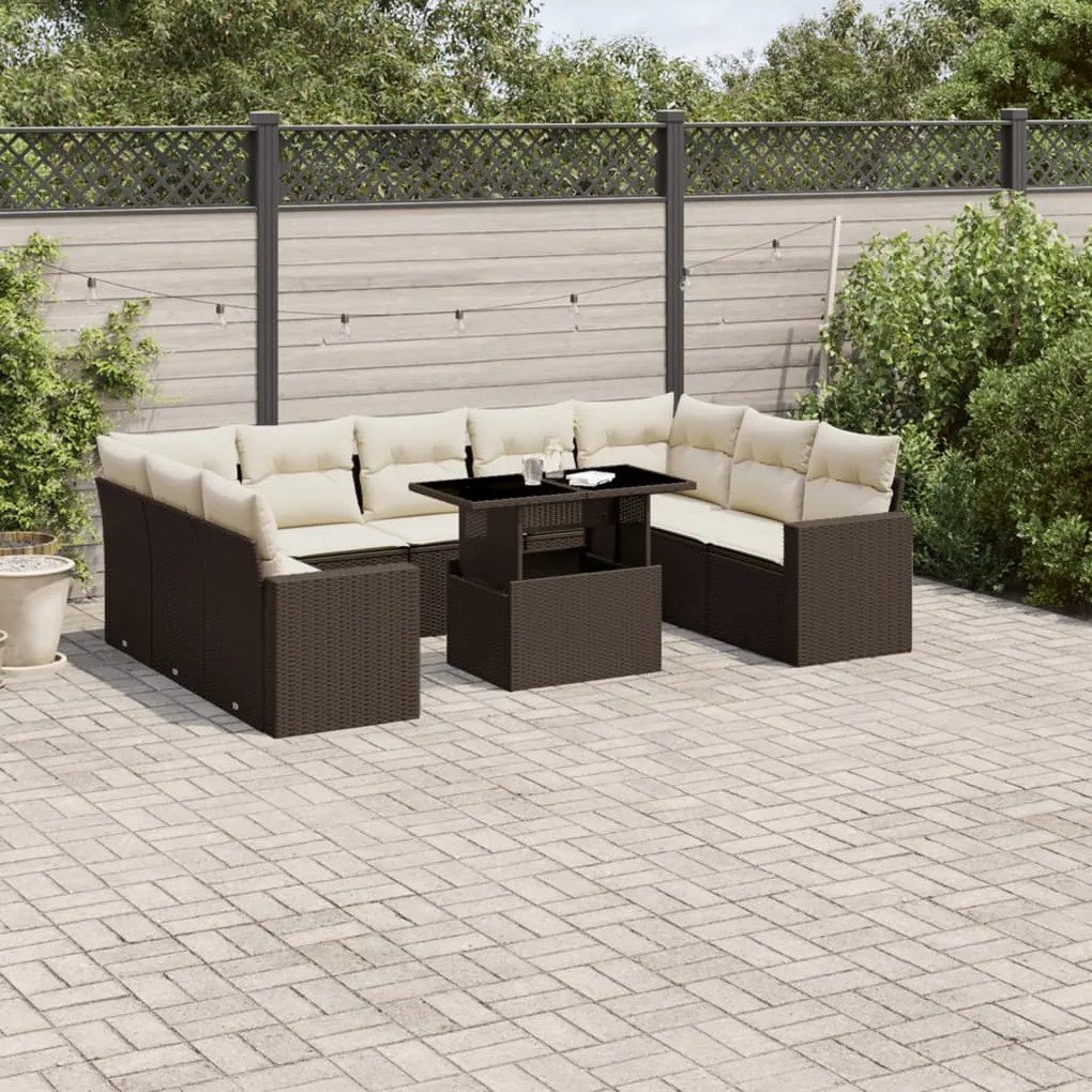 Set divani da giardino 10pz con cuscini in polyrattan marrone
