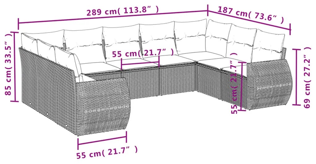 Set divano da giardino 9pz con cuscini grigio chiaro polyrattan