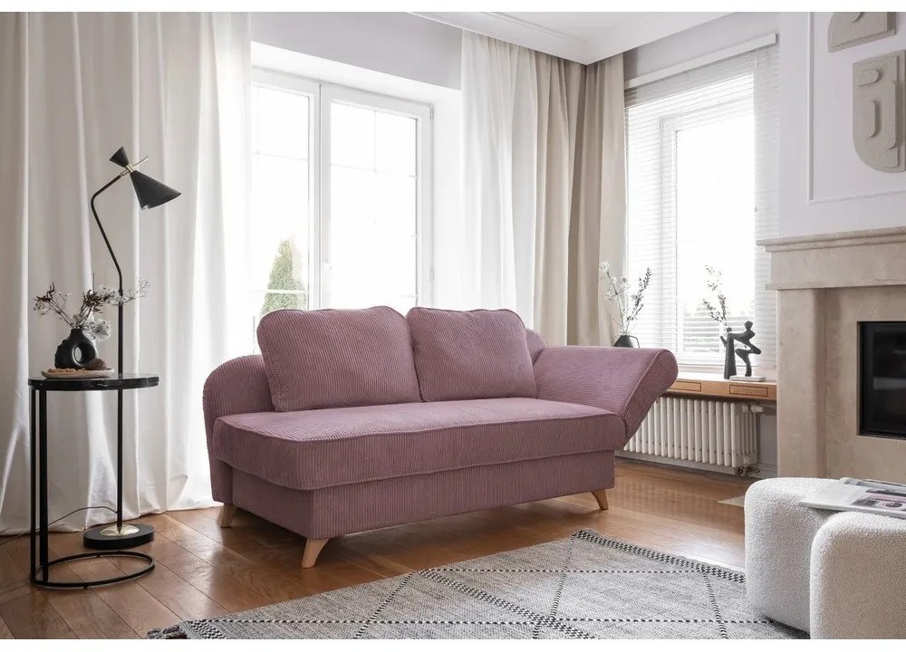 Chaise longue rosa polveroso (con penisola a destra) con rivestimento in velluto a coste Chic Charlotte – Miuform