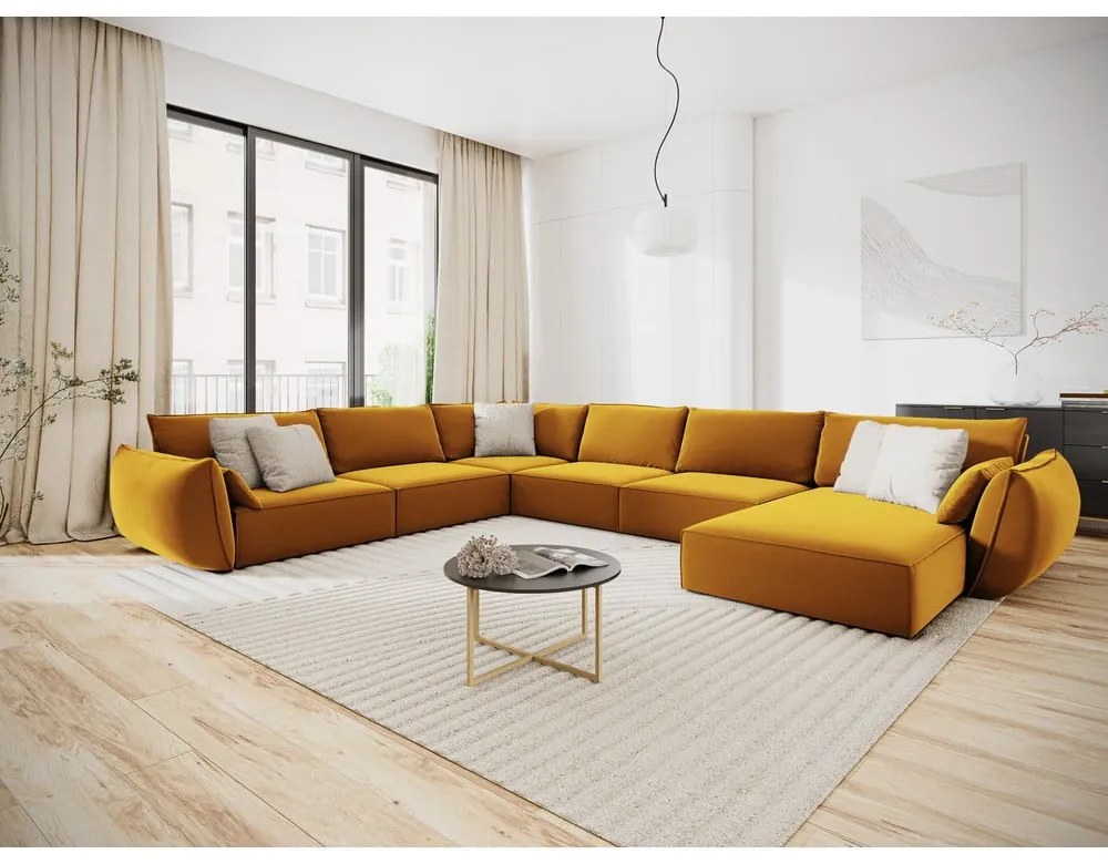 Divano angolare color senape (con penisola a sinistra/a U) con rivestimento in velluto Vanda – Mazzini Sofas