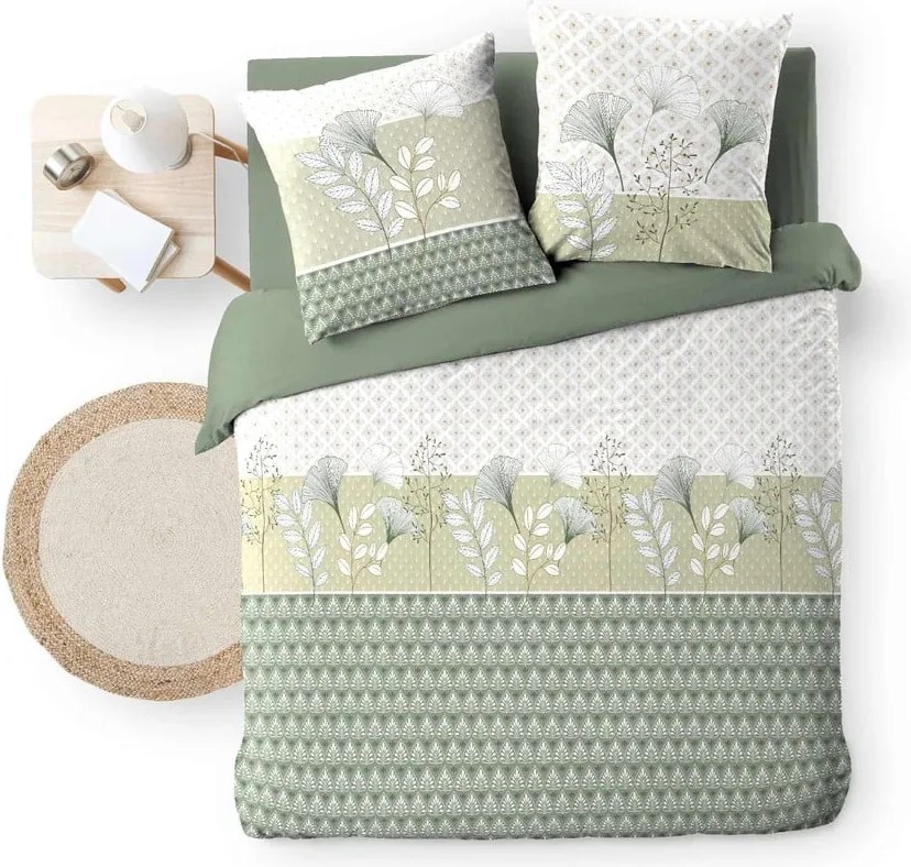 Set copripiumino e federa bianco/verde in cotone per letto matrimoniale ed esteso 240x220 cm Poetine – douceur d'intérieur