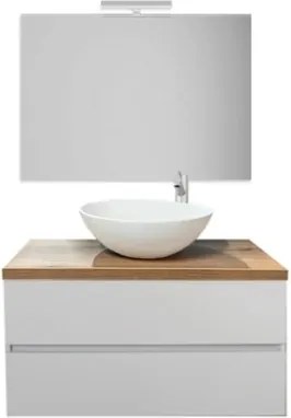 Mobile Bagno Sospeso 80 Cm Con Lavabo E Specchio Bianco Lucido Top Rovere Rio