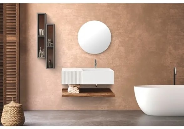 Lavabo 60 cm con cassetto laterale 40 cm bianco specchio e mensola inferiore Rovere - Itaca