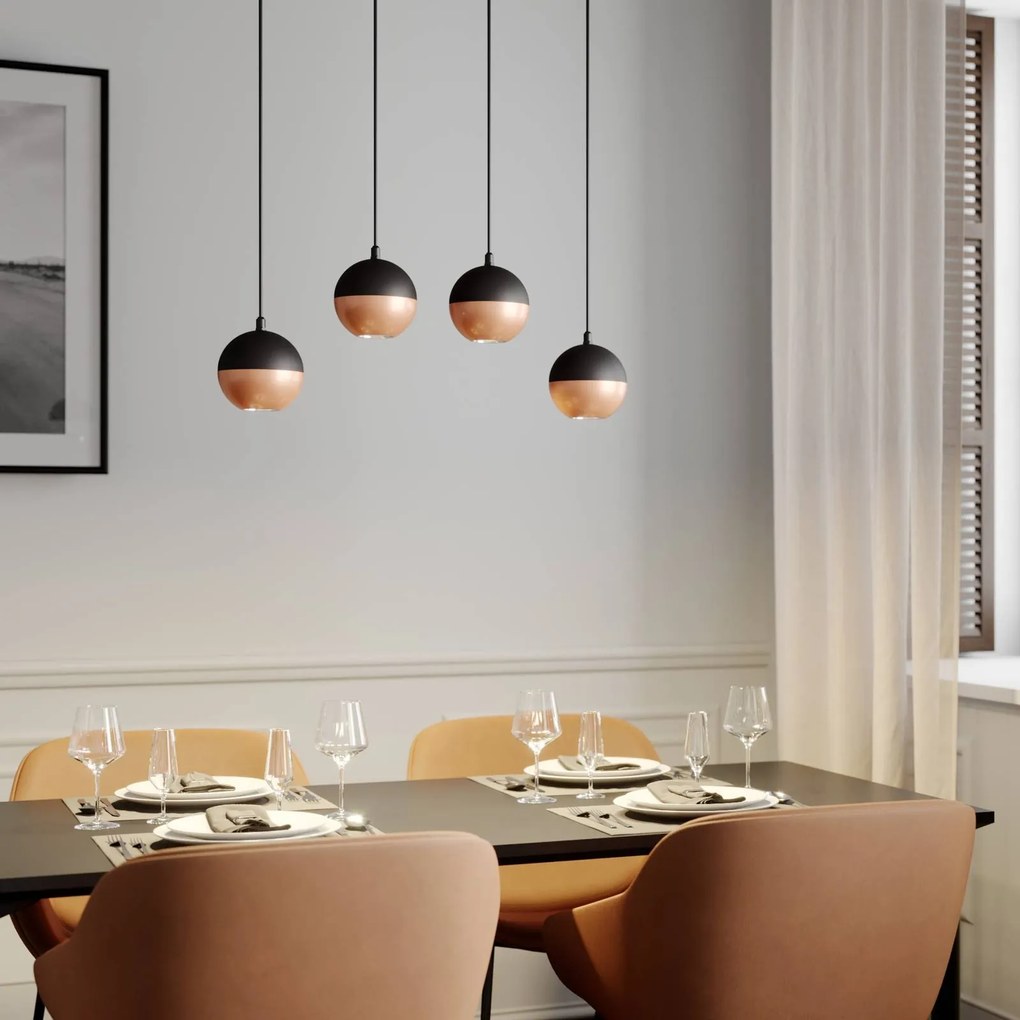Lampada a sospensione Midnight in nero/rame 4 luci lunga HELAM, Nero, Soggiorno / Sala da pranzo, Metallo, Moderno