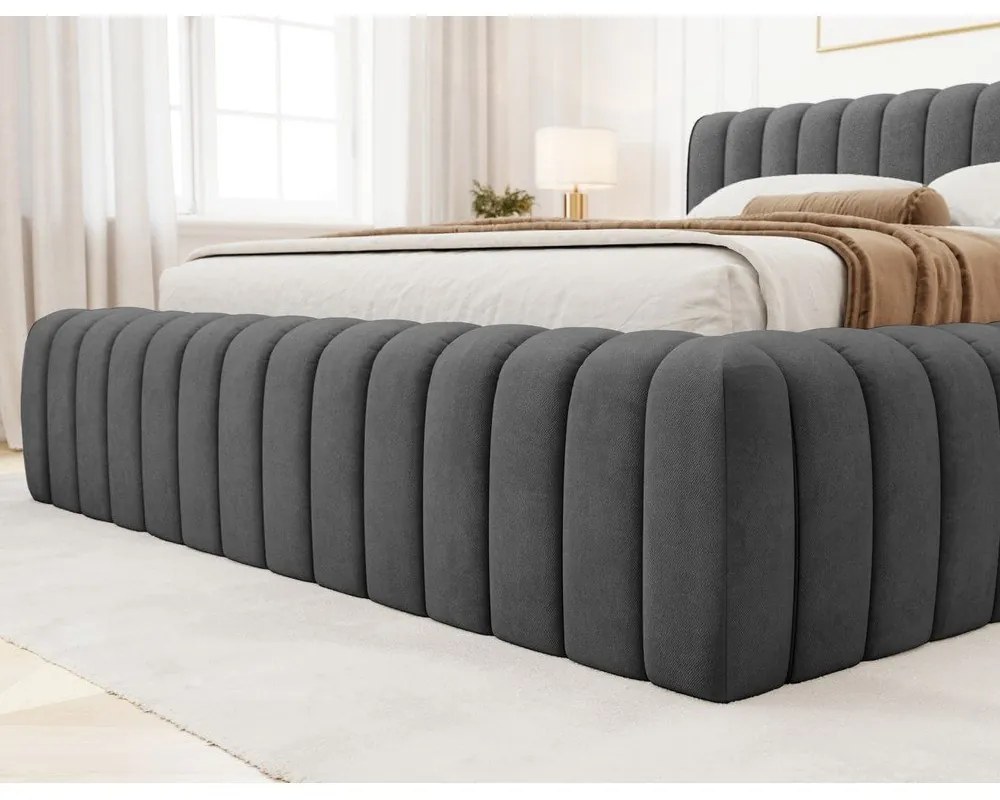 Letto matrimoniale imbottito grigio scuro con contenitore e rete inclusi 140x200 cm Carilla – ELTAP