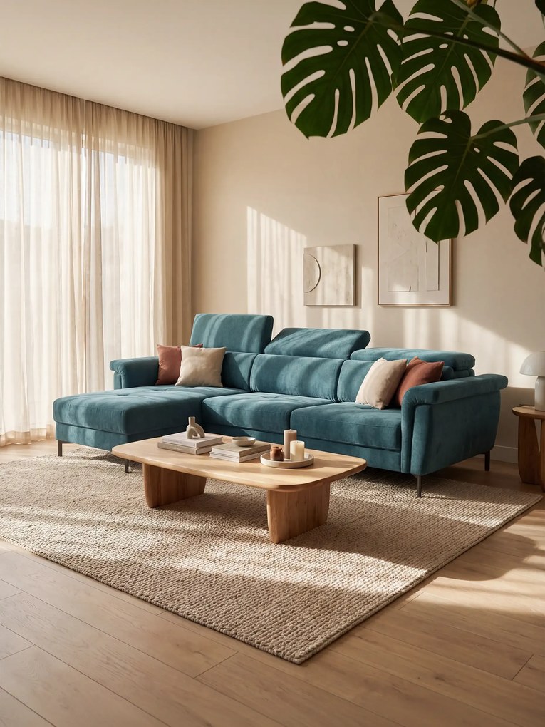 Capri Divano letto angolare con penisola contenitore e poggiatesta reclinabili - elegante tessuto smacchiabile T30