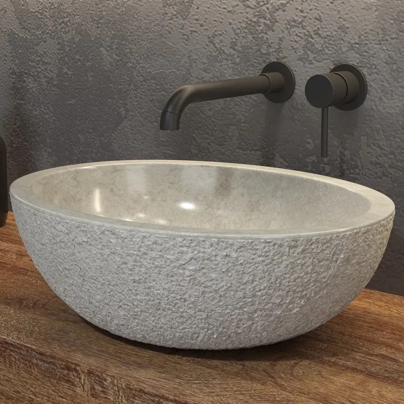 Kamalu - Lavabo bagno in marmo bocciardato colore crema 45cm Litos-LBC40