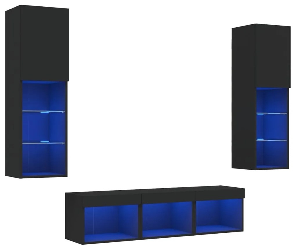 Mobili tv a muro con led 5pz neri in legno multistrato