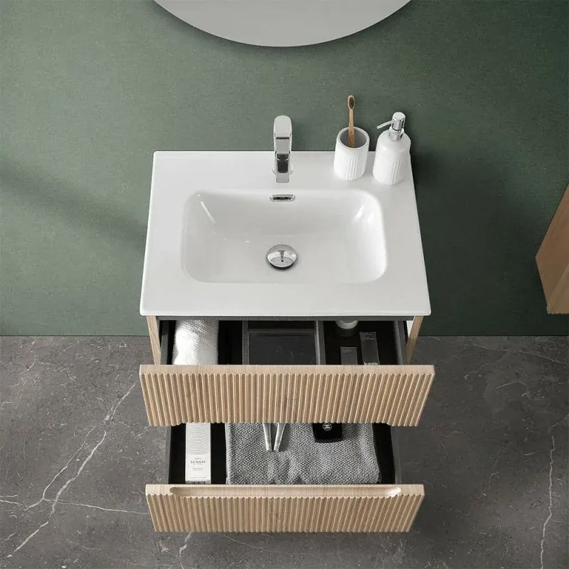Mobiletto bagno sospeso cannettato 60 cm teak sabbiato con specchio Bali