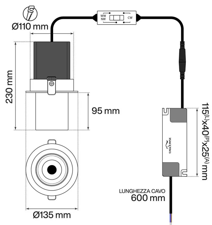 Faro LED da Incasso 30W Orientabile CCT Foro Ø110mm 60° Bridgelux LED Colore Bianco Variabile CCT