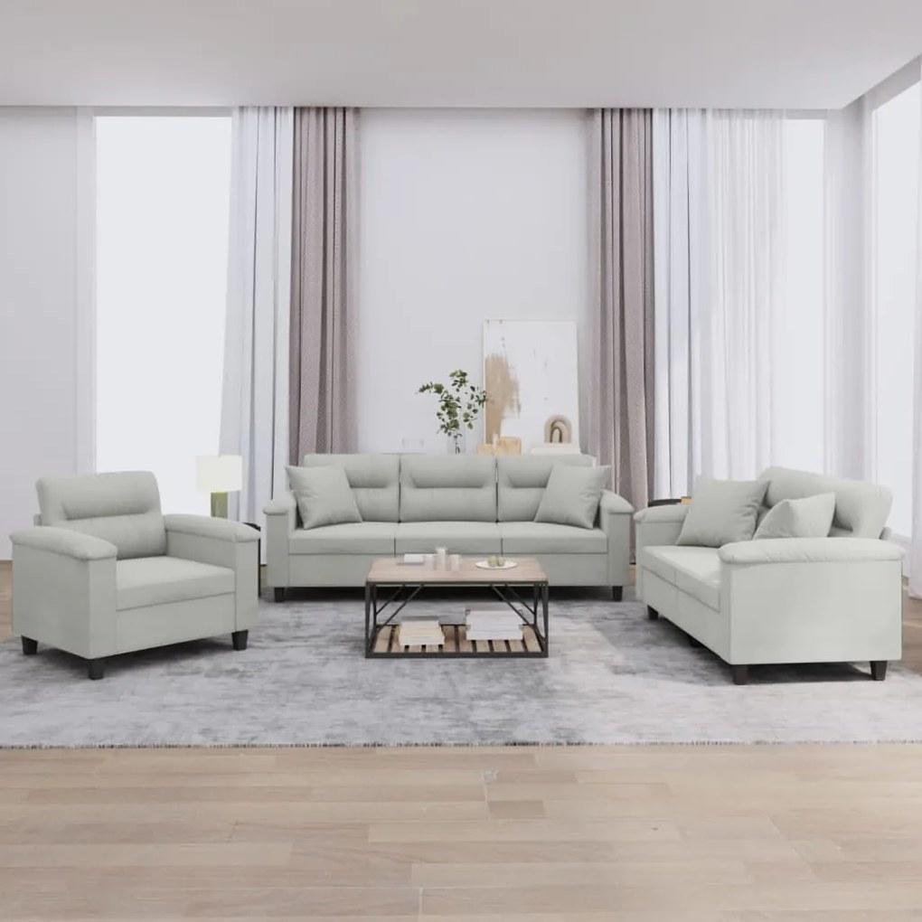 Set Divani 3 Pz Con Cuscini Grigio Chiaro İn Tessuto Microfibra /