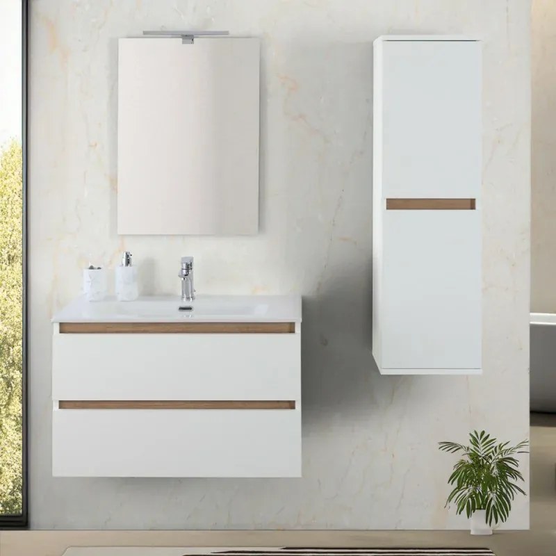 Mobile bagno sospeso 80 cm bianco e rovere con cassetti soft-close Kleo