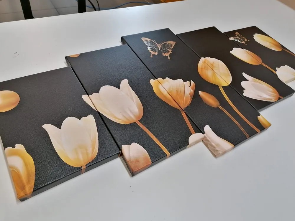 Quadri 5 pezzi – Tulipani con motivo dorato