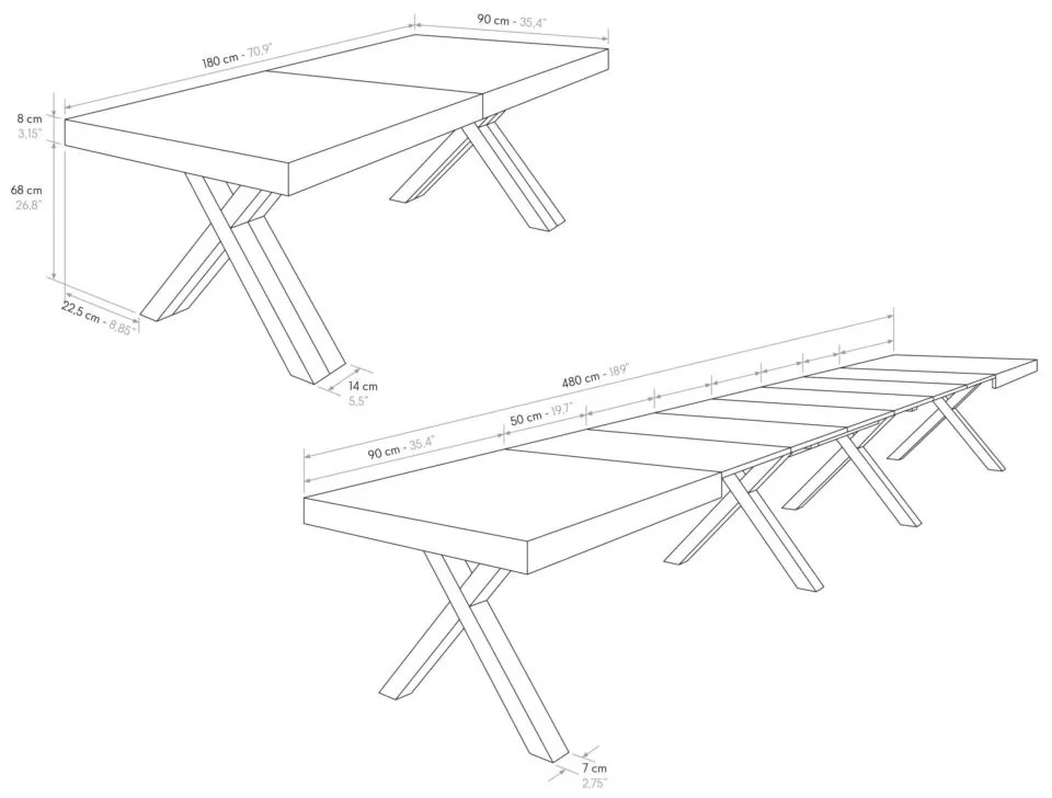 Tavolo GALLIPOLI in legno nobilitato effetto rovere rustico con gambe a X in legno antracite, allungabile 180&#215;90 cm &#8211; 480&#215;90 cm