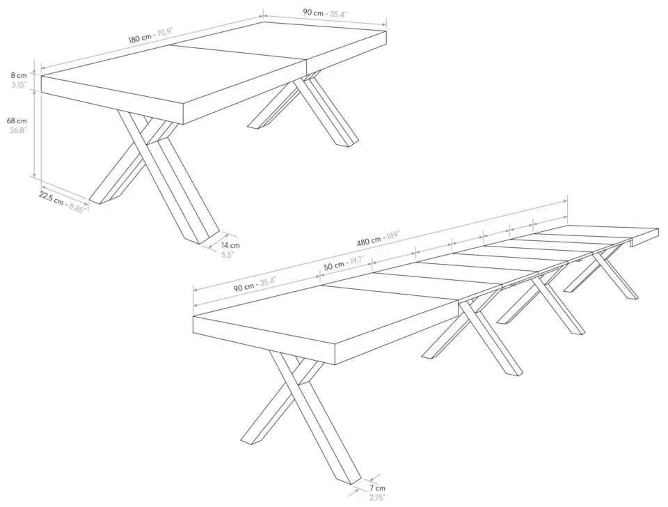 Tavolo GALLIPOLI in legno nobilitato effetto rovere rustico con gambe a X in legno antracite, allungabile 180×90 cm – 480×90 cm