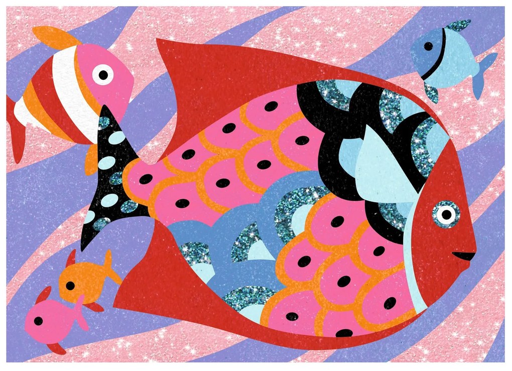 Gioco d'arte con la sabbia e i brillantini - pesce felice