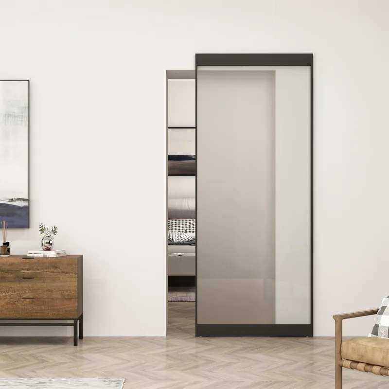 Porta scorrevole reversibile Ghost in vetro nero, L 96 x H 215 cm, con binario invisibile Ghost