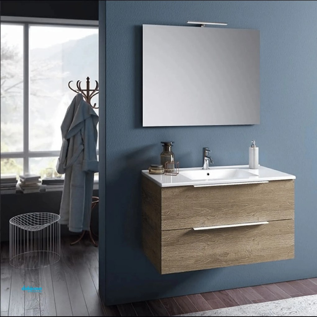 Mobile Bagno Sospeso "Chiara" Da 90 Cm Composto Da Due Cassetti Finitura Sherwood Legno