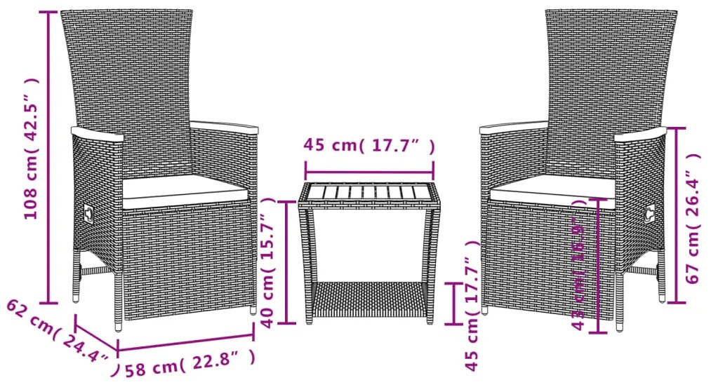 Set da pranzo da giardino 3 pz con cuscini nero in polyrattan