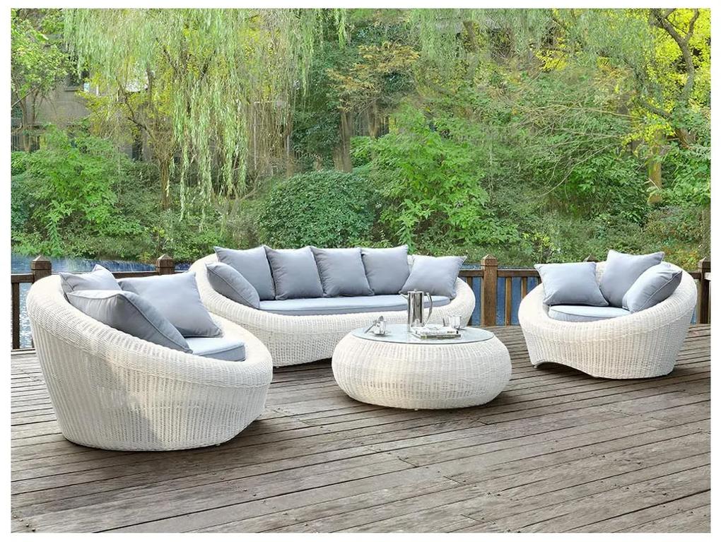 Salotto da giardino in resina intrecciata ecrù: divano, 2 poltrone e tavolino - WHITEHEAVEN