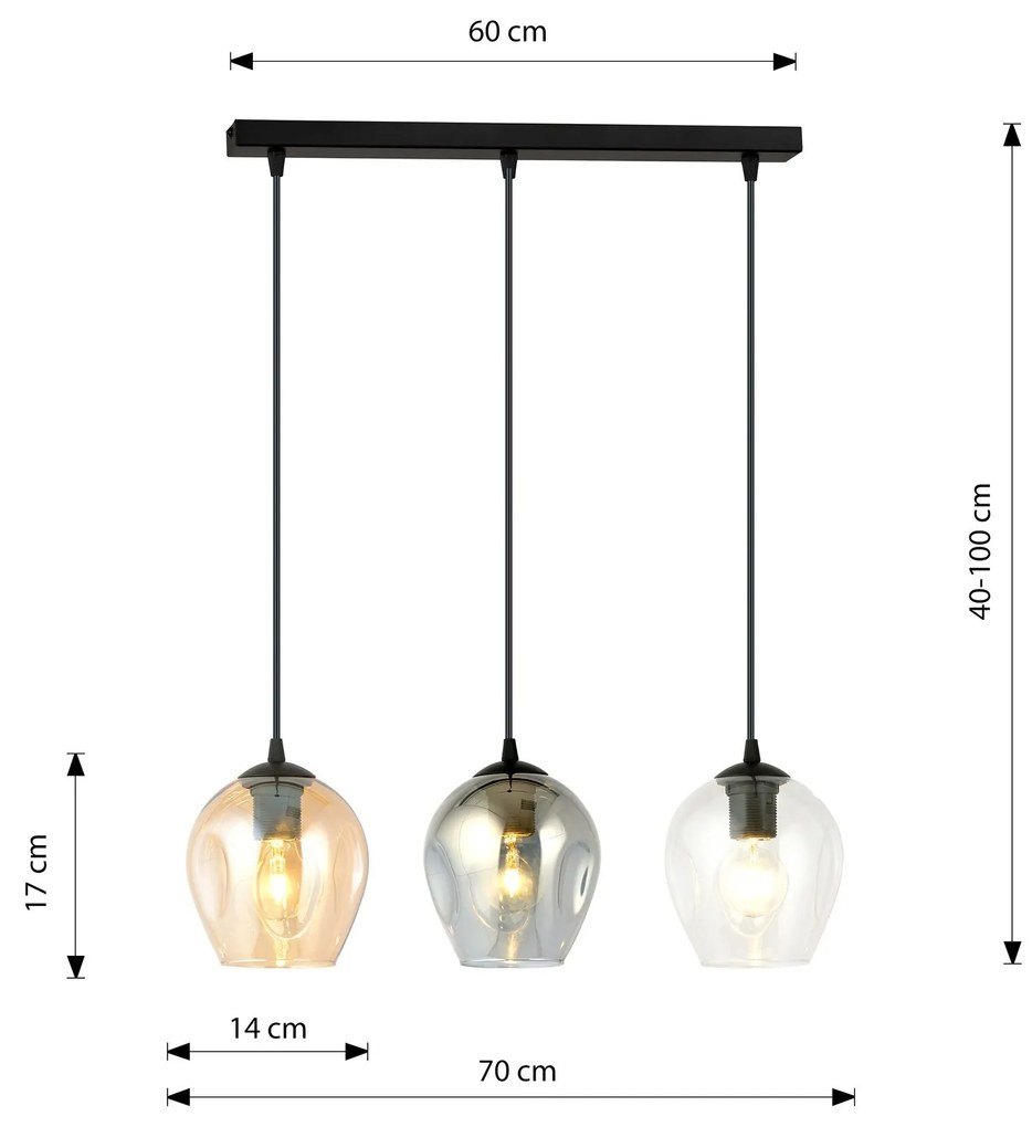 Lampadario 3 Luci Istar In Acciaio Nero E Vetri Ambra, Trasparente E Fumè