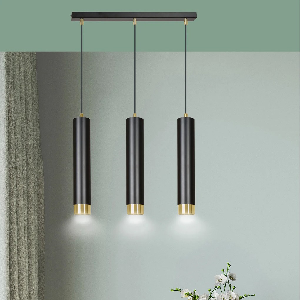 Lampadario 3 Luci Brunilde In Acciaio Nero E Tubolari In Nero E Oro
