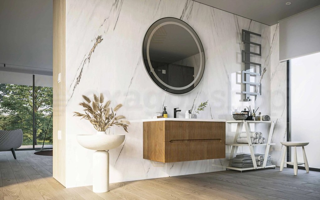 Mobile bagno noce chiaro 120x46 cannettato Urbino due cassetti con lavabo in ceramica frontale