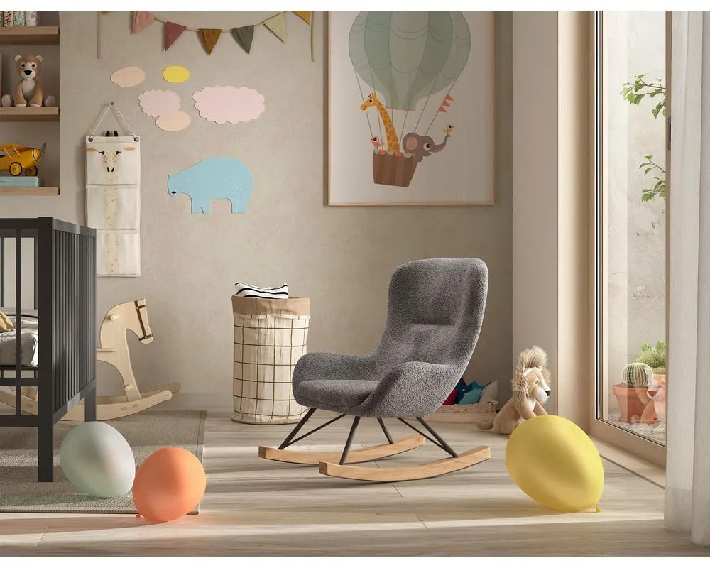 Sedia a dondolo grigia in tessuto bouclé ROCKY - Vipack