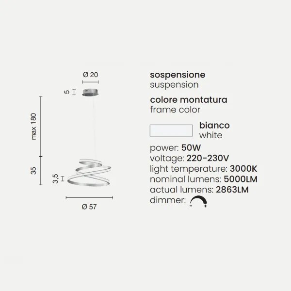Lampada a sospensione moderna VUELTA a LED in metallo verniciato D57 cm BIANCO
