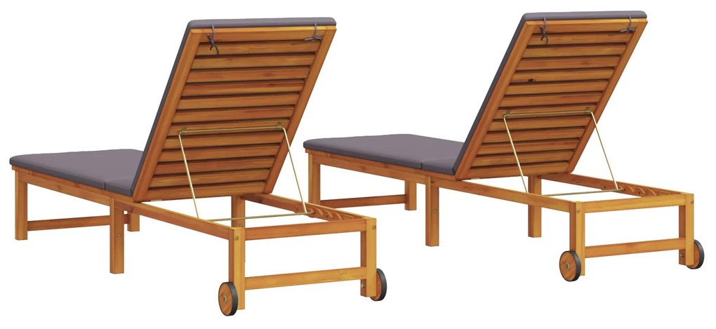 Lettini da sole 2 pz con cuscini in legno massello di acacia, lettino da sole con cuscini grigio chiaro in legno massello di acacia