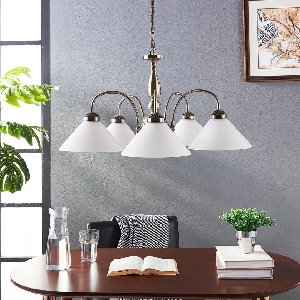 Lindby lampada a sospensione Otis, Ø 68 cm, a 5 luci, bianco, vetro, E27